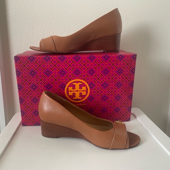 Tory Burch Shoes - Tory Burch Kira Wedge Peeptoe Sandal, Tan with Gold double T Logo,